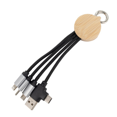 Logotrade Firmengeschenke das Foto: 4-in-1-Kabel mit elighted-Logo im Holzgehäuse, LH-ZMU05