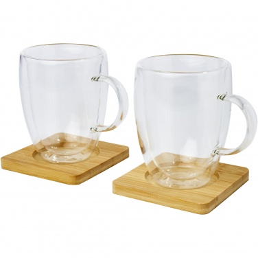 Logo trade business gifts image of: Manti 2-piece 350 ml double-wall glass cup with bamboo coaster 