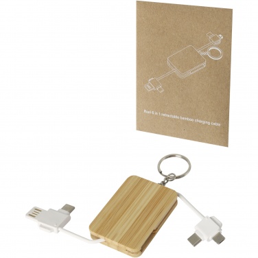 Logo trade business gifts image of: Reel 6-in-1 retractable bamboo key ring charging cable