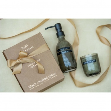Logotrade promotional product image of: Wellmark Discovery 200 ml hand soap dispenser and 150 g scented candle set - dark amber fragrance