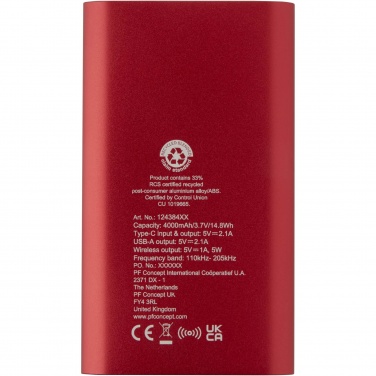 Logotrade promotional item image of: Juice 4000 mAh Type-C recycled aluminium wireless power bank 