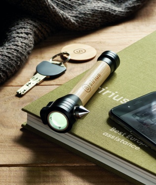 Logo trade promotional gift photo of: 3-in-1 bamboo flashlight with an emergency hammer and seatbelt cutter