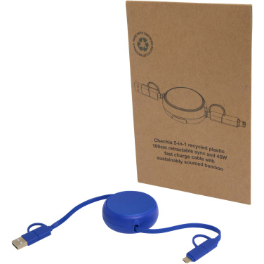 Logotrade promotional merchandise picture of: Alasia 5-in-1 100 cm recycled plastic and aluminium retractable data sync and 45W fast charge cable