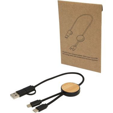 Logotrade promotional merchandise picture of: Chechia 5-in-1 recycled plastic 30 cm data sync and 27W fast charge cable with bamboo details