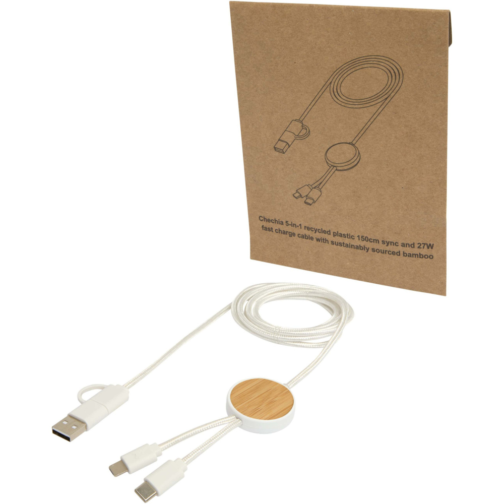Logo trade promotional giveaway photo of: Chechia 5-in-1 recycled plastic 150 cm data sync and 27W fast charge cable with bamboo details