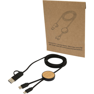 Logo trade promotional giveaway photo of: Chechia 5-in-1 recycled plastic 150 cm data sync and 27W fast charge cable with bamboo details