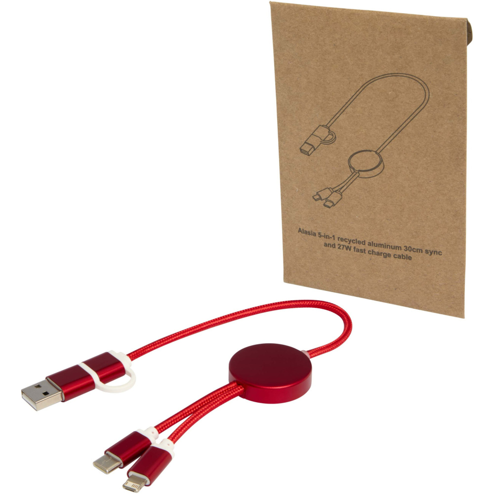 Logotrade promotional product image of: Alasia 5-in-1 recycled aluminium and plastic 30 cm data sync and 27W fast charge cable