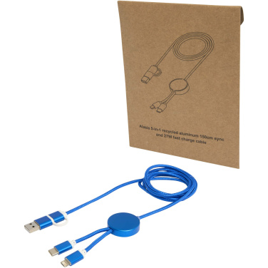 Logo trade promotional products image of: Alasia 5-in-1 recycled aluminium and plastic 150 cm data sync and 27W fast charge cable
