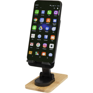 Logo trade business gifts image of: Alfirk recycled plastic foldeable desk phone stand with bamboo details