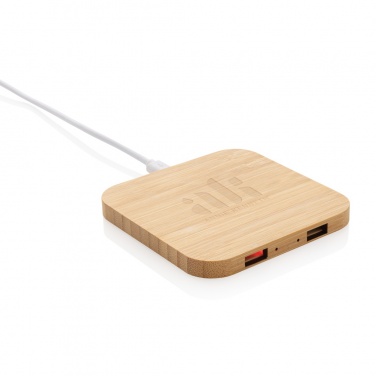 Logo trade liikelahja mainoslahja tuotekuva: 10W bambuinen langaton laturi USB:llä