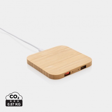 Logotrade mainoslahja tuotekuva: 10W bambuinen langaton laturi USB:llä