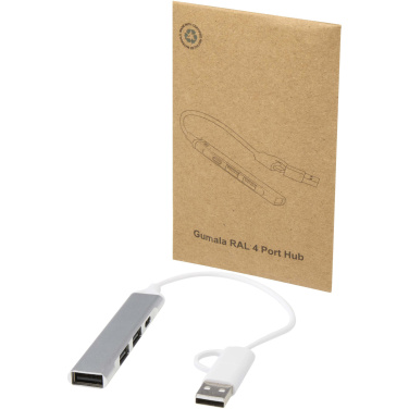 Logotrade mainoslahja tuotekuva: Alkaid 4-porttinen kierrätetystä alumiinista valmistettu USB-A- ja Type-C-keskitin, jossa kaksi sisääntuloa